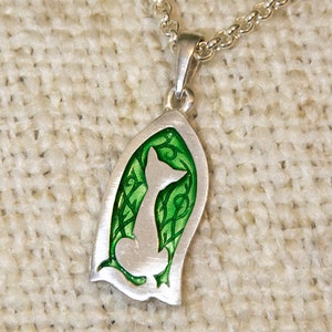 Sterling Silver Cat Pendant – Vitreous Enamel Cat in Window Necklace