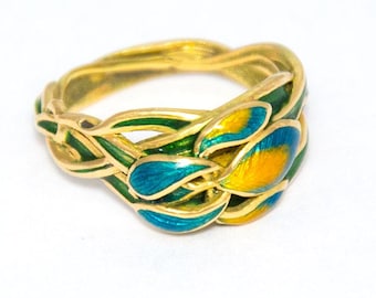Jugendstil Iris Ring: 18k Gold Cloisonné Emaille Floral Statement