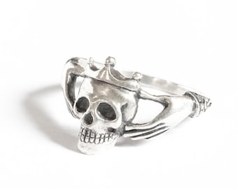 Skull Claddagh ring, sterling silver gothic ring, handmade heavy metal ring, goth, dark fashion