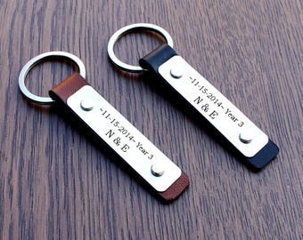 Personalized keychain, Leather couples keychain, anniversary keychain, memorial gifts, initial keychain, date keychain, personalized keyring