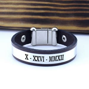 Leather Personalized Bracelet, Roman Numeral Bracelets, Matching Bracelets, wedding date bracelet, custom date bracelet, birthday bracelet image 1