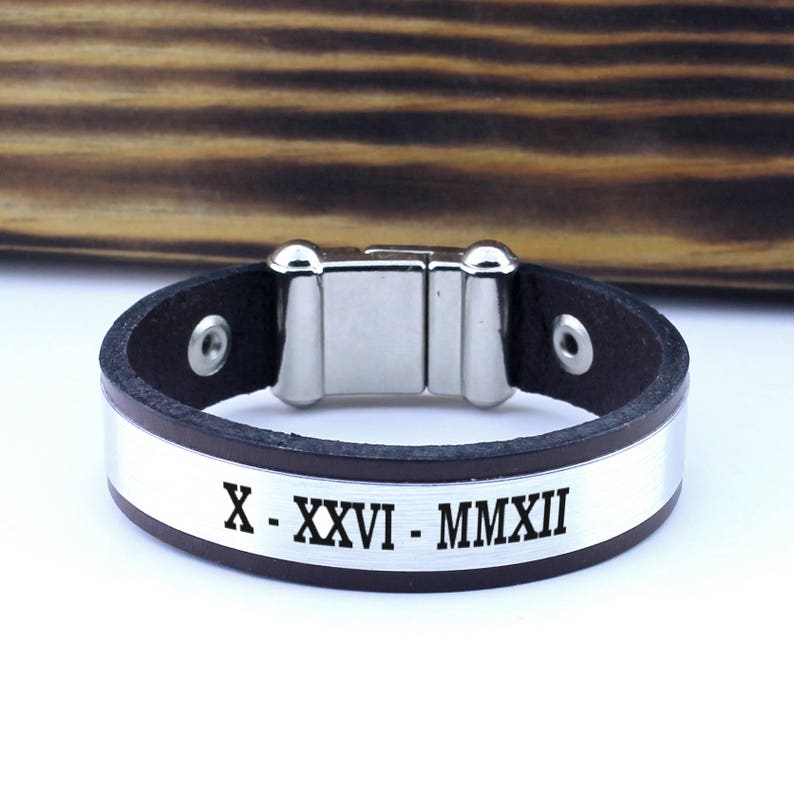 Leather Personalized Bracelet, Roman Numeral Bracelets, Matching Bracelets, wedding date bracelet, custom date bracelet, birthday bracelet image 1