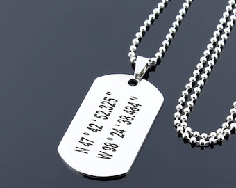 Personalized dog tag necklace, customized dog tag, personalized mens necklace, military gift, latitude longitude necklace, coordinates gift