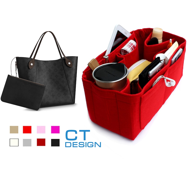 May include: Red felt handbag organizer with multiple pockets and compartments for carrying items like a phone, makeup, and a water bottle.  The organizer is shown inside a black tote bag.