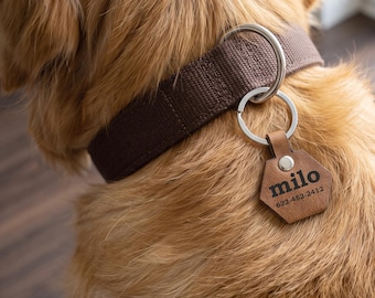 Custom Dog Tag Leather, Personalized Gift for Dog Lover, Engraved Hexagon Pet Tag, Luxury Noise Free Dog ID Tag, Handmade Puppy Collar Charm