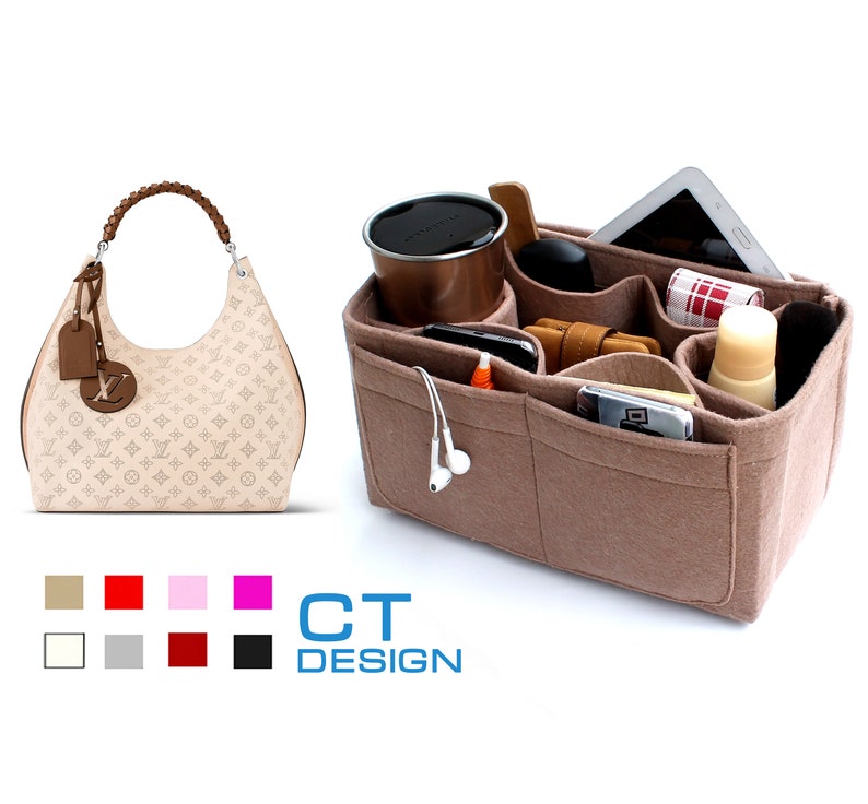 May include: A beige felt handbag organizer with multiple pockets and compartments. The organizer is filled with various items, including a phone, a wallet, a cup, and a tablet.