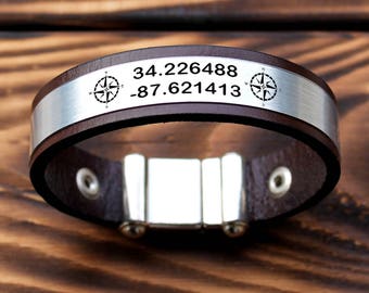Personalize Leather Bracelet, Coordinate Bracelet, Personalized mens Gift, GPS coordinate bracelet, Custom Coordinates, Latitude Longitude