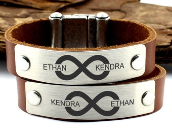 Personalized Leather Bracelet, Matching Infinity Bracelets, Couples Jewelry, Personalized Gifts, Name Bracelet, His and Hers Bracelet, Gift