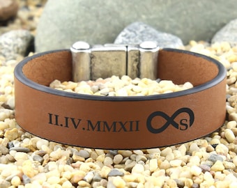 Personalized Leather Bracelet, Custom Initials Bracelet, Roman Numeral Bracelet, Leather Infinity Bracelet, Gift for Valentines, Mens Gifts