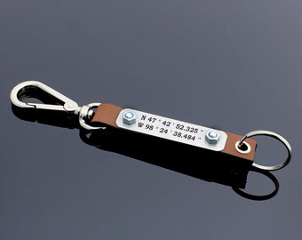 Personalized Coordinates Leather Keychain, Latitude Longitude, Custom Key Fob, Custom Keychain, Father Gifts, Personalized Gifts, Mens Gifts