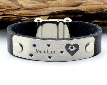 Pulsera de cuero personalizada, Pulsera para hombres, Pulsera del nombre, Pulsera del corazón, Regalos personalizados, Joyería Bullet, Regalos para hombres, Regalo para él