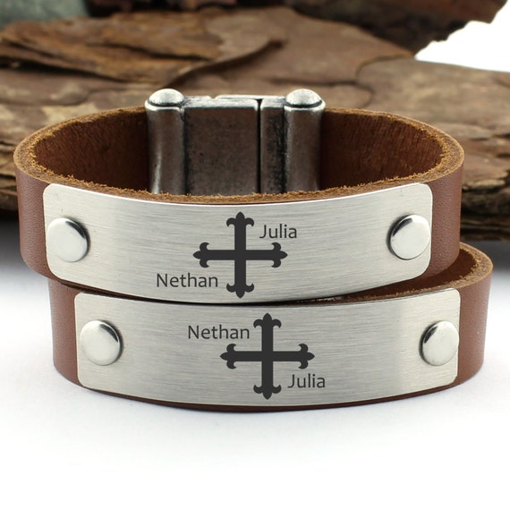 Personalized Cross Bracelet, Couples Leather Bracelet, Matching