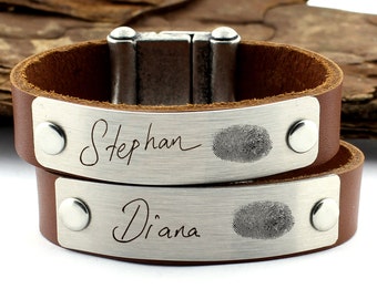 Personalized Couple Bracelet, Fingerprint Bracelet, Handwriting Bracelet, Actual Handwriting, Leather Cuff Bracelet, Matching Bracelet, Gift