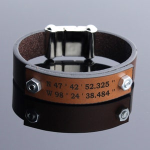 Personalized Coordinate Leather Bracelet, Custom Bracelet, Anniversary Gift, Coordinate Jewelry, Engraved Bracelet, Mens Jewelry, Mens Gift