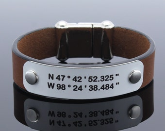 GPS Bracelet, Personalized Leather Bracelet, Coordinate Bracelet, Latitude Longitude, Custom Bracelet, Personalized Gift, Mens Cuff Bracelet