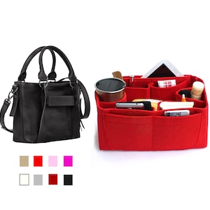 May include: A black leather handbag with a top handle and shoulder strap, next to a red felt handbag organizer. The organizer has multiple compartments holding items like a tablet, phone, and a travel mug. Color swatches are shown below.
