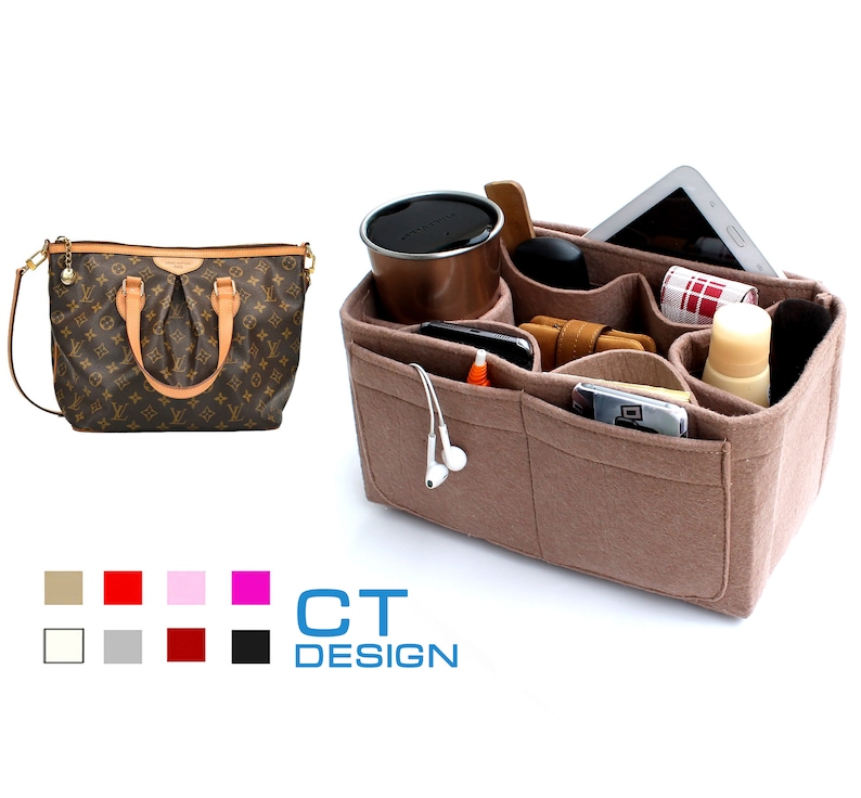 May include: A brown and tan patterned handbag with a beige felt organizer insert. The organizer has multiple pockets and compartments for carrying various items, such as a phone, wallet, and keys.