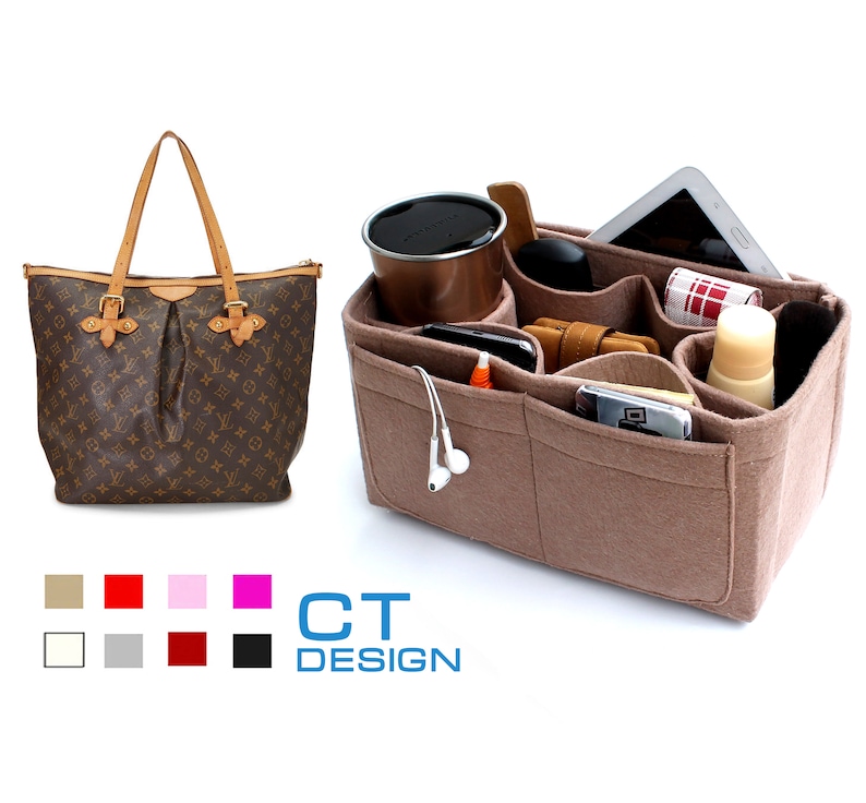 May include: A brown and tan patterned tote bag with a beige felt organizer insert. The organizer has multiple pockets and compartments for carrying various items, such as a phone, wallet, keys, and other essentials.