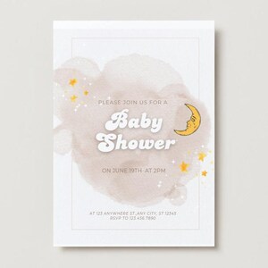Modello di invito per baby shower Boho Celestial - Genere neutro, luna e stelle retrò - File digitale 5x7, modificabile e personalizzabile - Facile