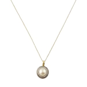 Vintage 10K Yellow Gold Pearl Diamond Pendant With Chain #13509