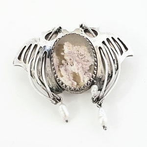 Handmade Artisan Sterling Silver Laguna Lace Agate and Pearl Wing Slide Pendant #8825