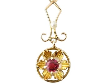 10 Karat Yellow Gold Synthetic Ruby and Pearl Pendant #3044
