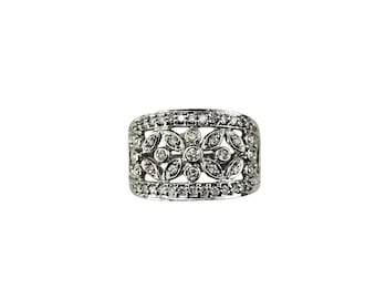 14k White Gold and Diamond Wide Floral Band Ring Size 8 #24887