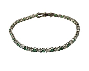14k White Gold Green Glass and Diamond Tennis Bracelet  #23325