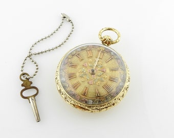 Verge Crown Wheel Key Winding 18K Yellow Gold Ornate Pocket Watch #8013