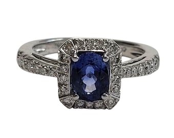 14k White Gold Natural Blue Sapphire and Diamond Halo Ring Size 6.5 Cert #26886
