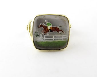 Vintage 14 Karat Yellow Gold Reverse Intaglio Racehorse Ring Size 3.5 #3611