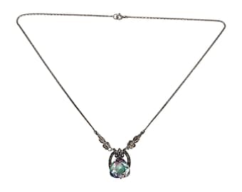 830 Silver Iris Glass Marcasite Pendant Necklace #16602