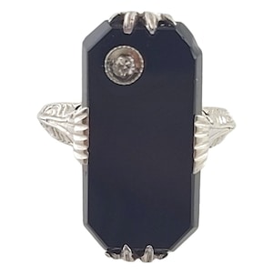 14k White Gold Black Onyx Diamond Ring Size 4.5 #18050