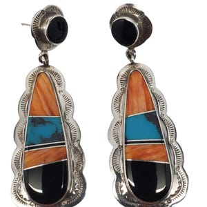 J. Charley Sterling Silver Navajo Multicolored Stone Inlay Earrings #21557