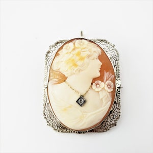 Vintage 14 Karat White Gold and Diamond Cameo Brooch/Pendant #8815
