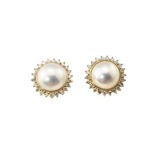 14 Karat Gelbgold Mabe Perle und Diamant Ohrringe #21362