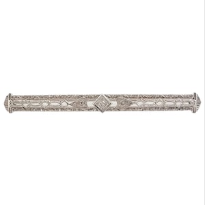 Vintage 14 Karat White Gold Filigree and Diamond Bar Pin #14697
