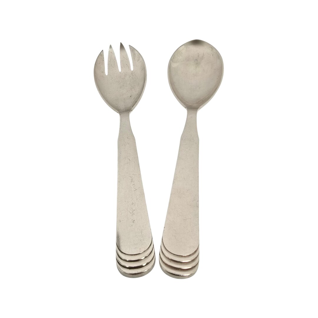 Hans Hansen Denmark Sterling Silver Salad Fork & Spoon Serving Set