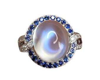 18k White Gold Moonstone, Sapphire and Diamond Halo Ring Size 7.75-8 Cert #26884