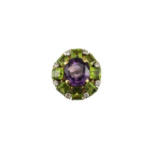 14k Yellow Gold Amethyst, Diamond, & Peridot Cocktail Ring Size 7  #18857