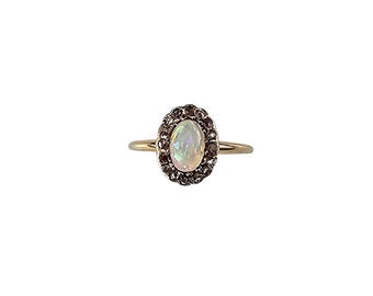 Antique 12k Yellow Gold Opal and Diamond Halo Ring Size 7.75 #24899