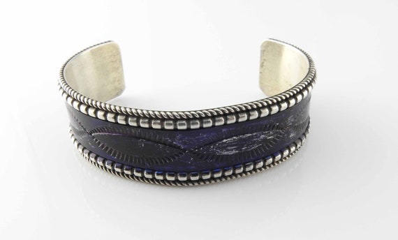 Navajo Celina Yazzie Sterling Silver Dark Purple Enamel Cuff