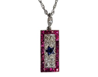 14k White Gold Natural Diamond, Ruby and Sapphire Pendant Necklace #26872