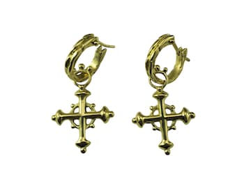 18 Karat Yellow Cross Charm Dangle Hoop Earrings #20549