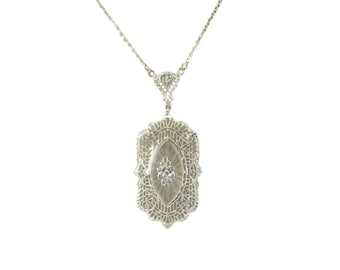 14 Karat White Gold Camphor Glass Diamond Pendant Necklace #16765