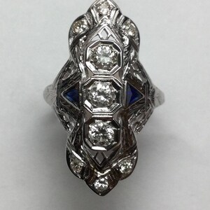 Art Deco 14K White Gold Diamond Sapphire Filagree Ring Size 7 #3