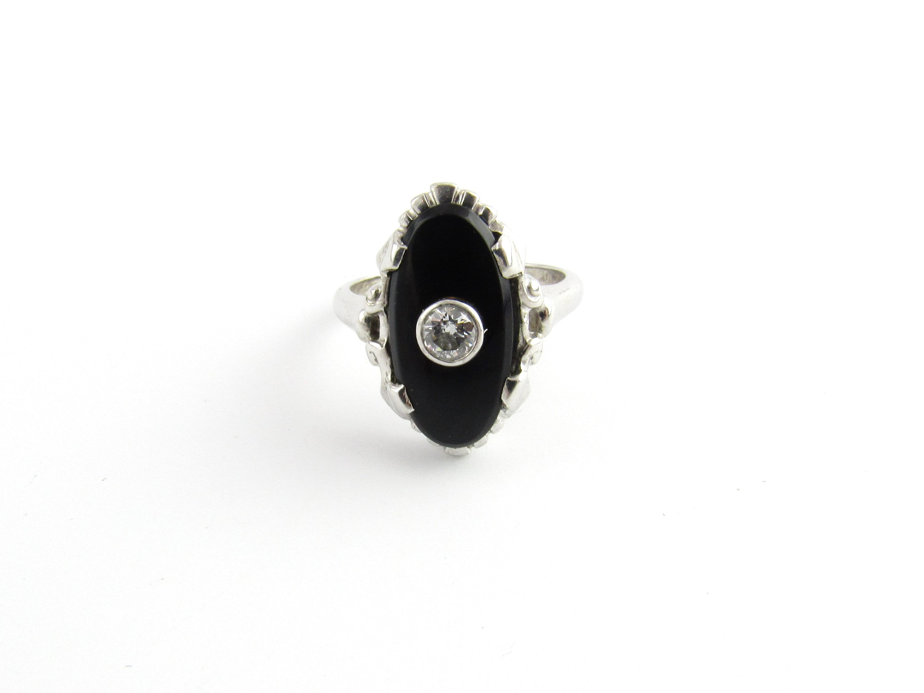 Vintage 10 Karat White Gold Onyx and Diamond Ring Size 5.5