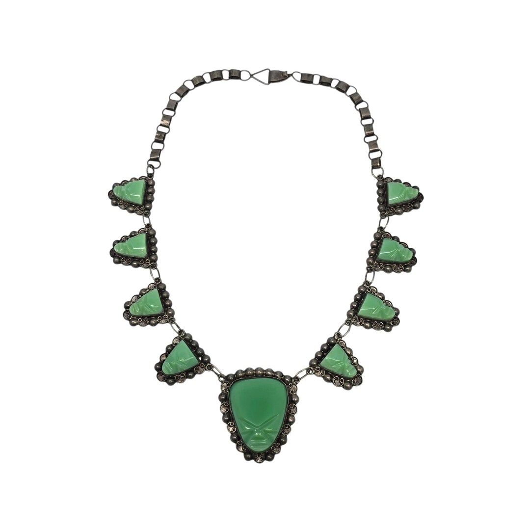 Carved Green Stone Face Sterling Silver Mexico Necklace #22838 - Etsy