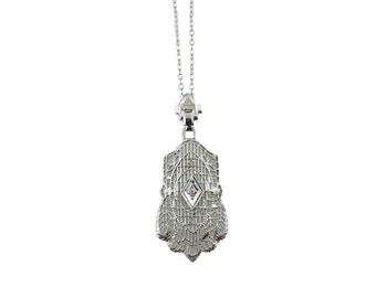 14k White Gold Diamond Filigree Pendant Necklace #16580