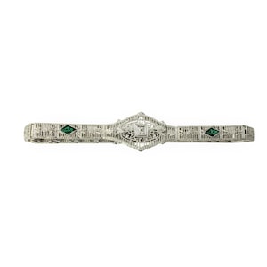 Vintage 10 Karat White Gold Filigree Diamond and Simulated Emerald Bracelet #11635